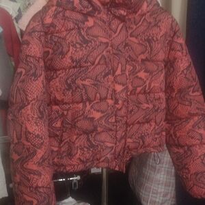 Forever 21 Red and Black Patterned Puffer Jacket